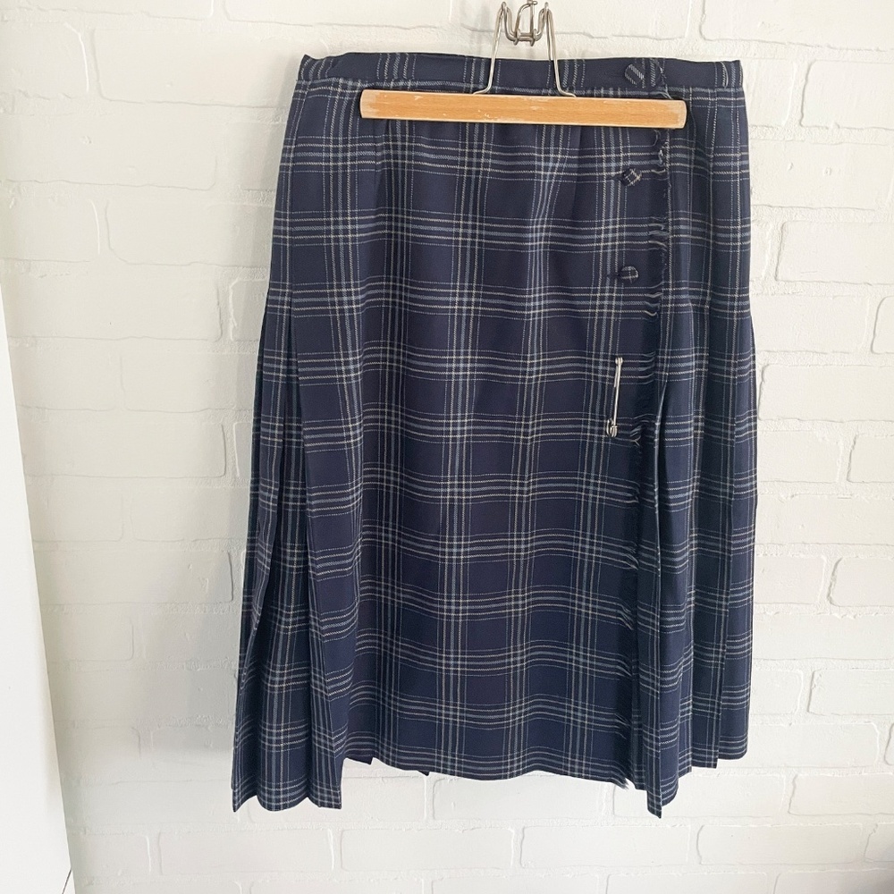 Vintage Wool Navy Plaid Midi Skirt - Picture 3 of 12